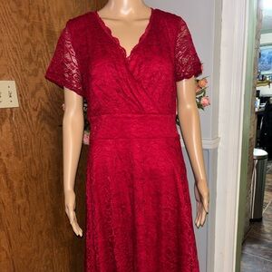 HOMRAIN XL Red Lace Short Sleeve V-Neck Dress